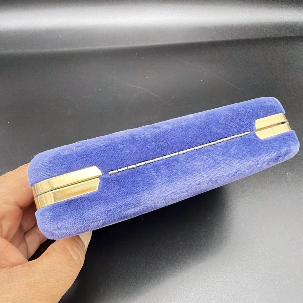 Vintage Blue Velvet Jewelry Box Gold Tone Trim With Drawstring Pouch